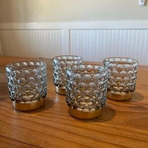 Blue Bubble Glass Tea light/Votive Holders with Painted Gold Base Set of 4